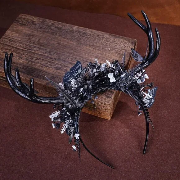 Handmade Black Deer Antlers Headband Gothic Reindeer Horns Elf Crown Dark Woodla